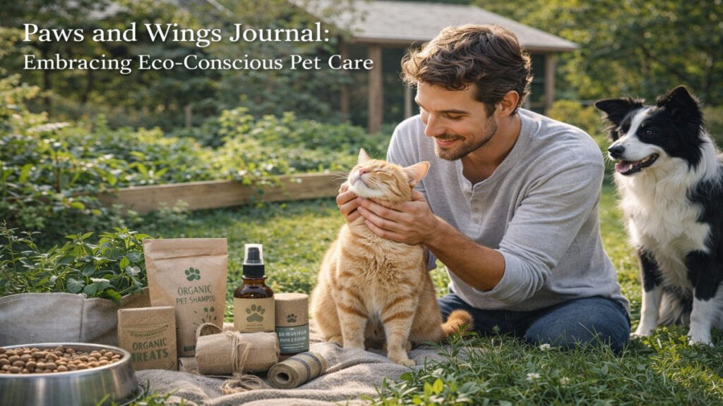 Eco-conscious pet care essentials arranged in a calm, natural setting, representing sustainable and mindful pet wellness.