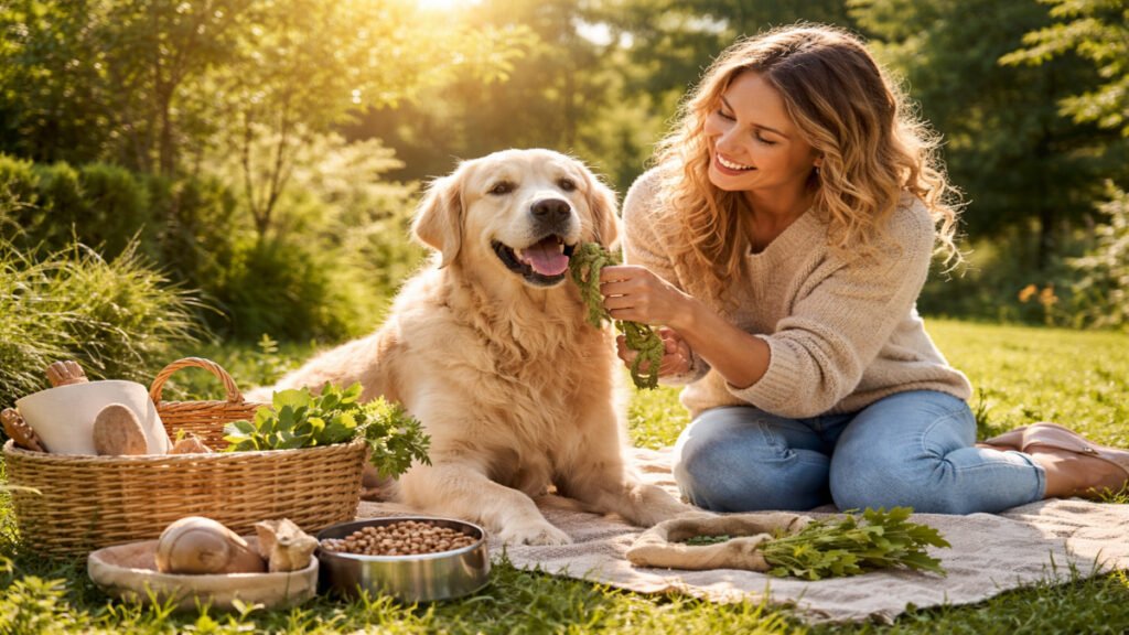 Pet parent and dog sharing a joyful, eco-friendly moment outdoors, symbolizing natural living and conscious pet care