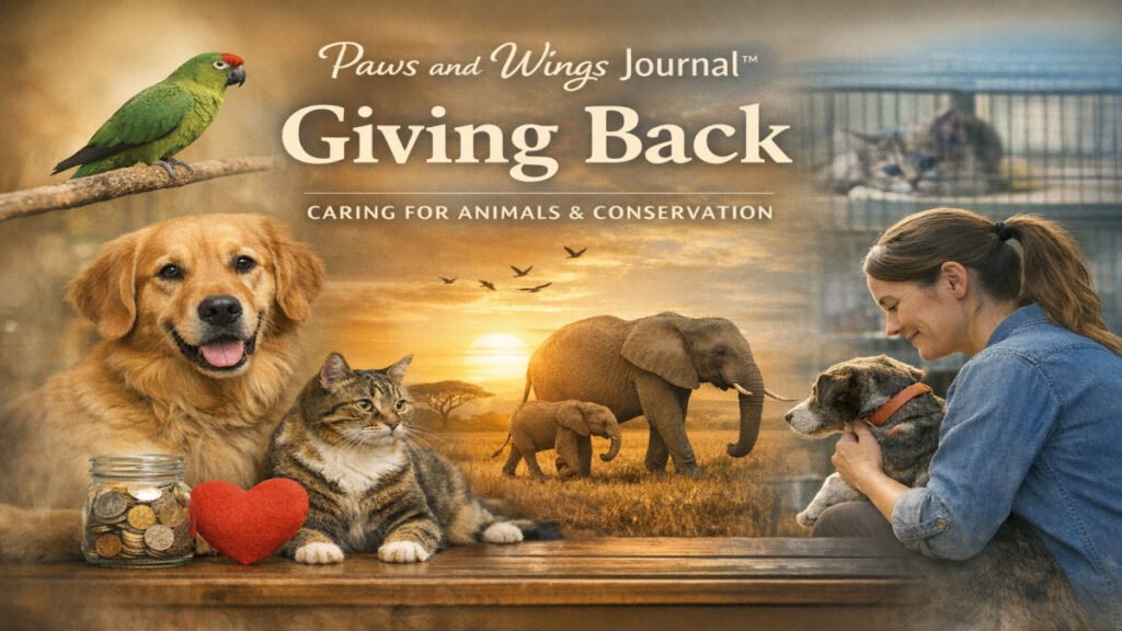 Animals supported through animal welfare, rescue, and conservation efforts funded by Paws and Wings Journal and Paws and Wings Boutique.