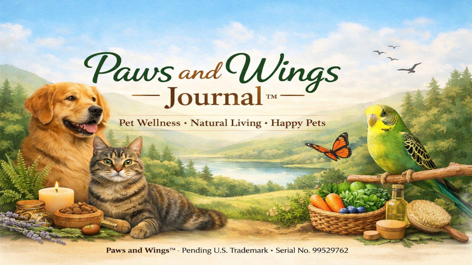 Paws and Wings Journal hero banner featuring dog, cat, and bird, representing pet wellness, natural living, and eco-friendly care.